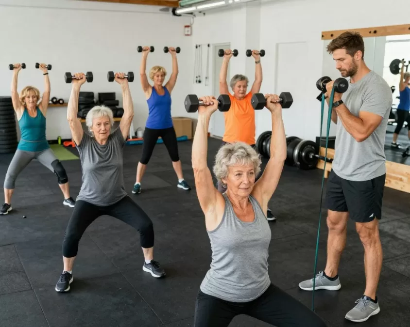 Senior adults participating in supervised strength training class with proper form