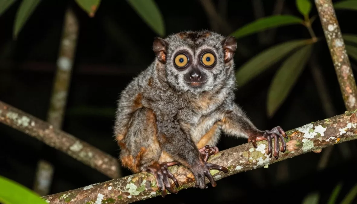 Slow loris with enormous eyes clinging to tree branch at night