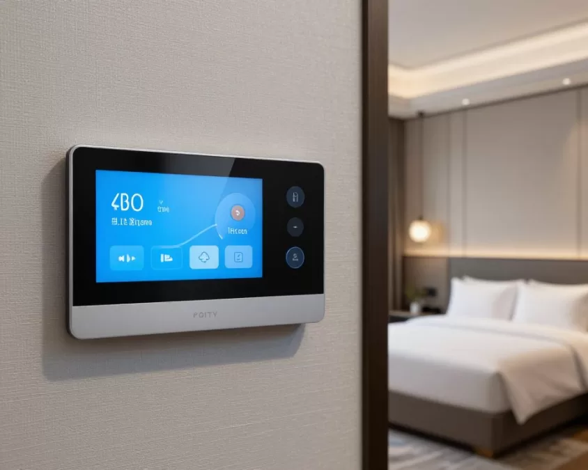 Smart luxury hotel room with integrated technology and elegant design
