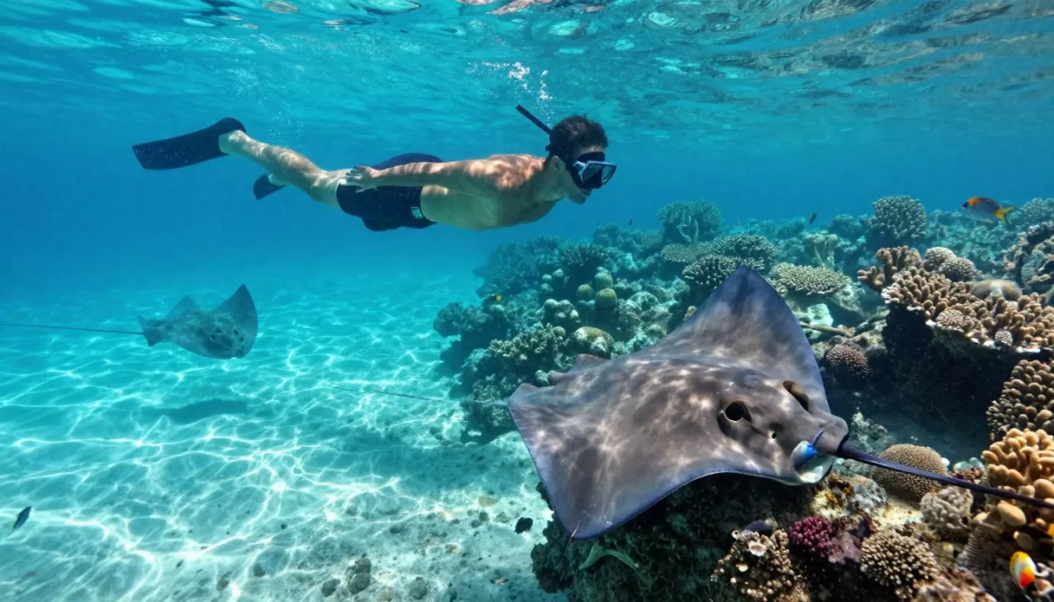 Snorkeling with stingrays in Bora Bora lagoon at Four Seasons Resort