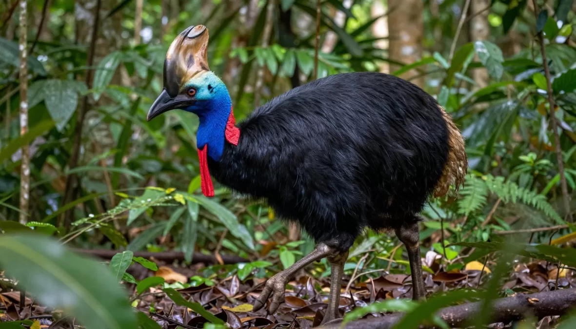 Southern cassowary in dense tropical rainforest habitat showing distinctive casque and powerful legs typical of largest birds