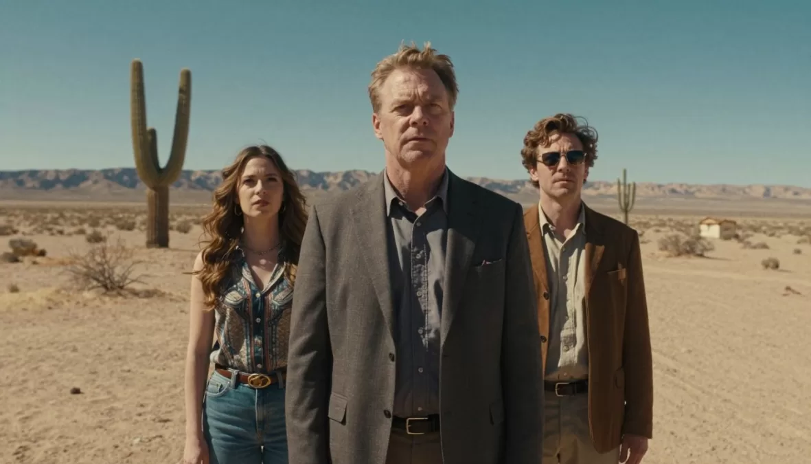 Southwestern desert landscape with quirky characters in Coen Brothers style