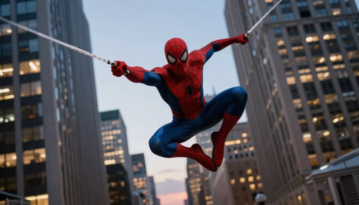 Spider-Man swinging through New York City skyline