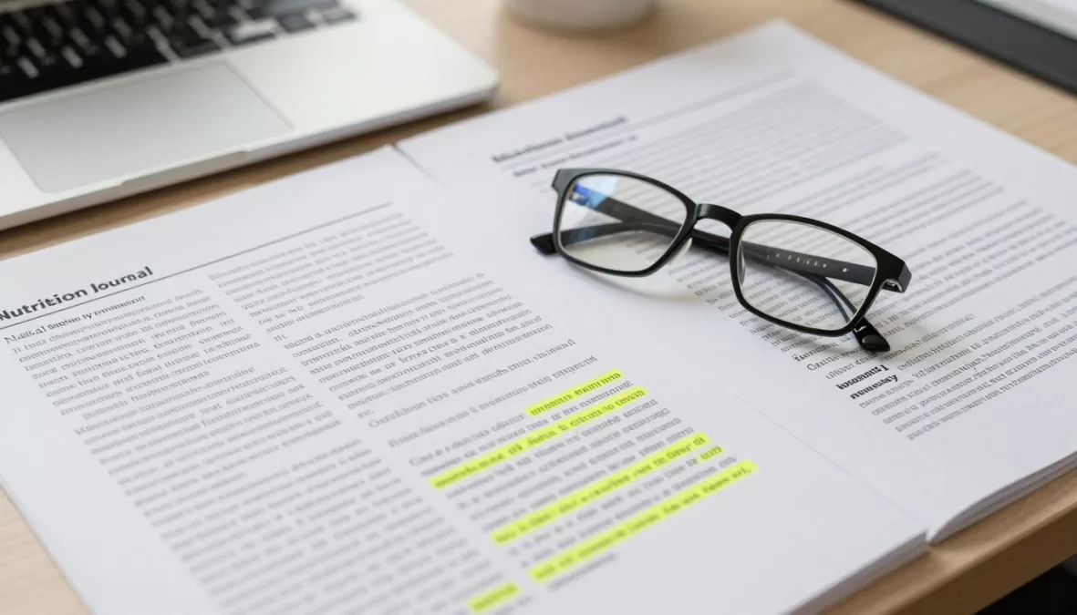 Stack of medical research journals and scientific papers about nutrition and superfoods