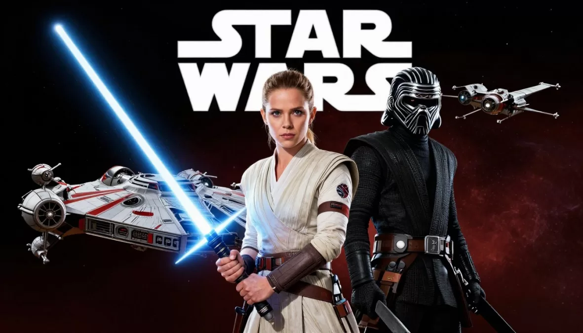 Star Wars The Force Awakens featuring Rey, Finn, and Kylo Ren with the Millennium Falcon