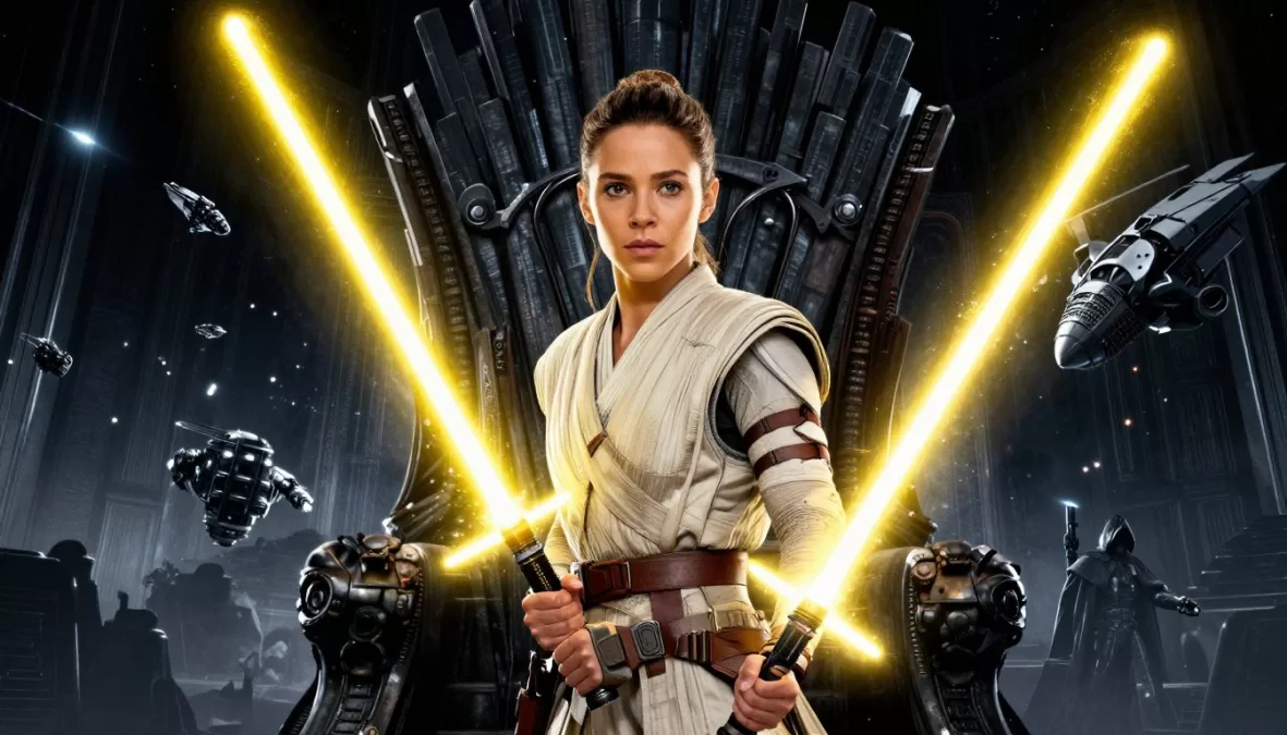 Star Wars The Rise of Skywalker featuring Rey with yellow lightsaber and epic space battle