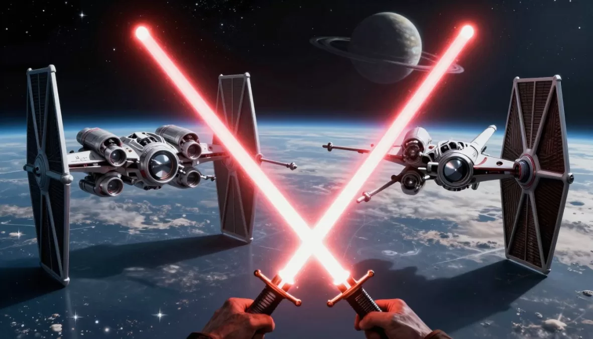 Star Wars characters and spacecraft in an epic space battle scene