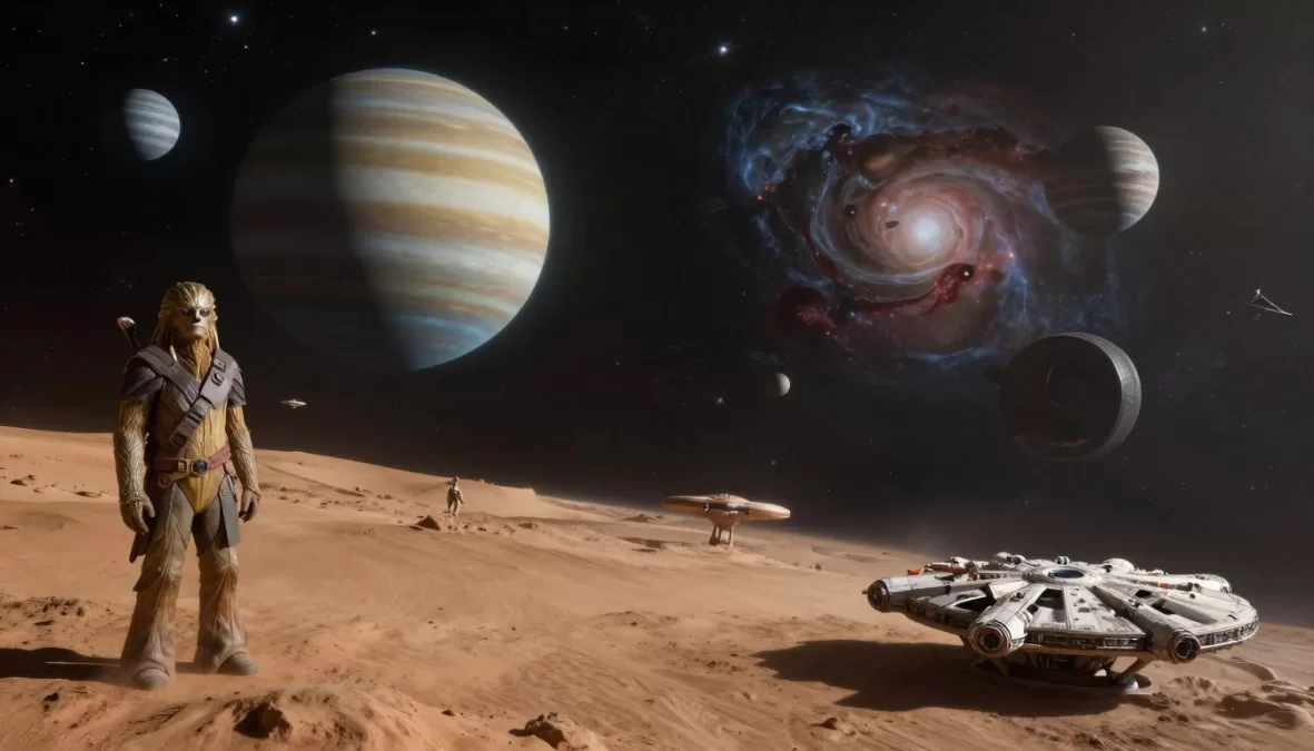 Star Wars themed galaxy with iconic ships and planets