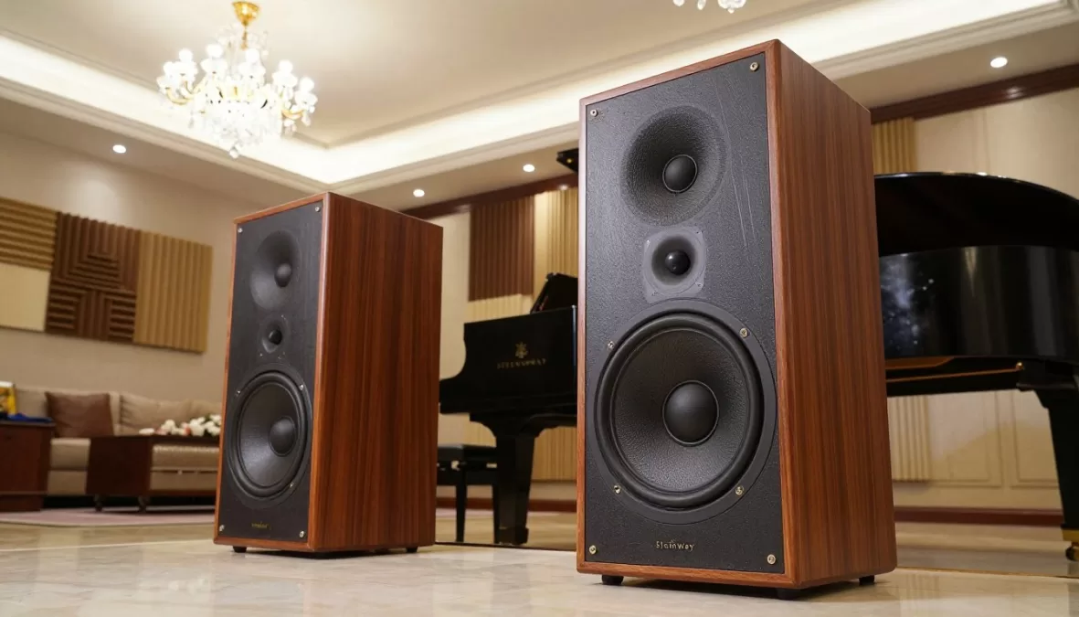 Steinway Lyngdorf Model LS Concert speakers in elegant living room with grand piano