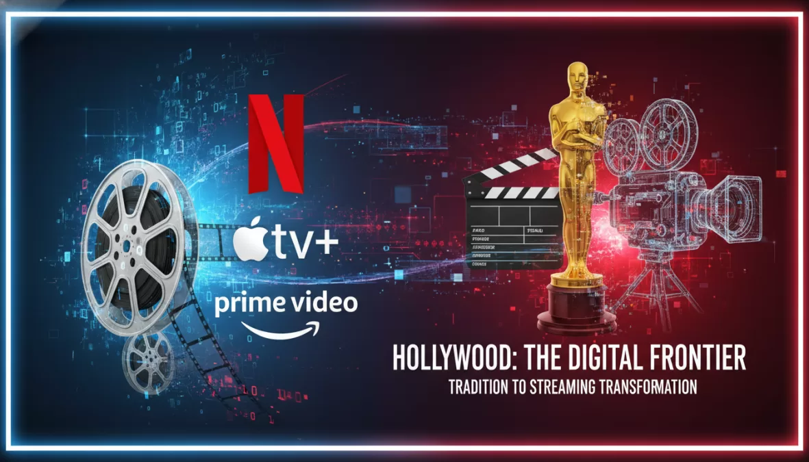 Streaming platform logos with entertainment industry imagery showing digital disruption