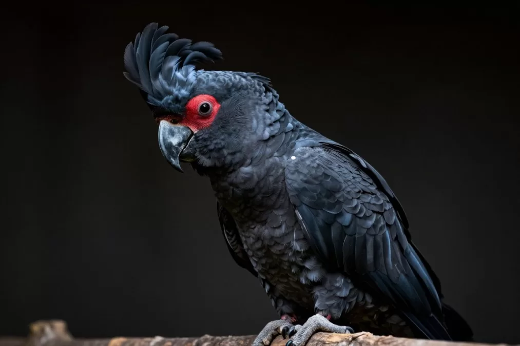 Striking black Palm Cockatoo with distinctive red cheek patches and elaborate crest
