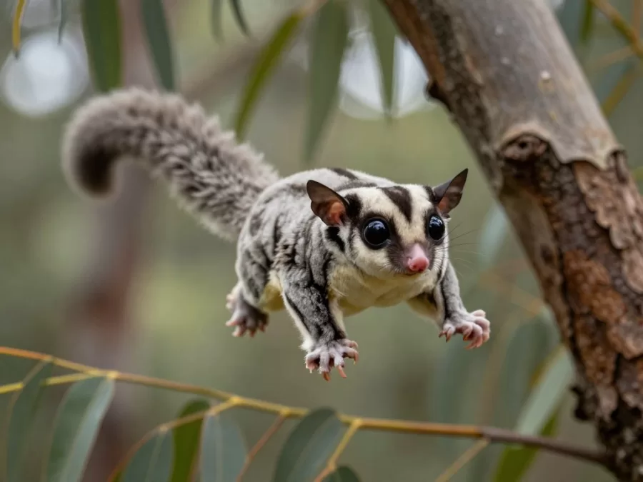 Sugar glider in mid-flight between trees