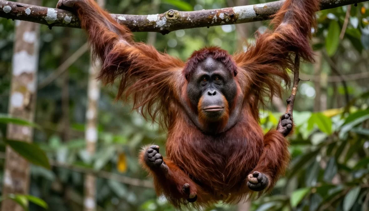 Sumatran orangutan in rainforest canopy showing distinctive reddish fur of endangered great ape