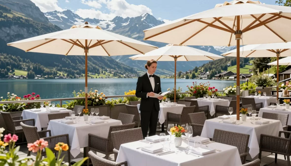 Summer terrace dining at Badrutt's Palace overlooking St. Moritz lake