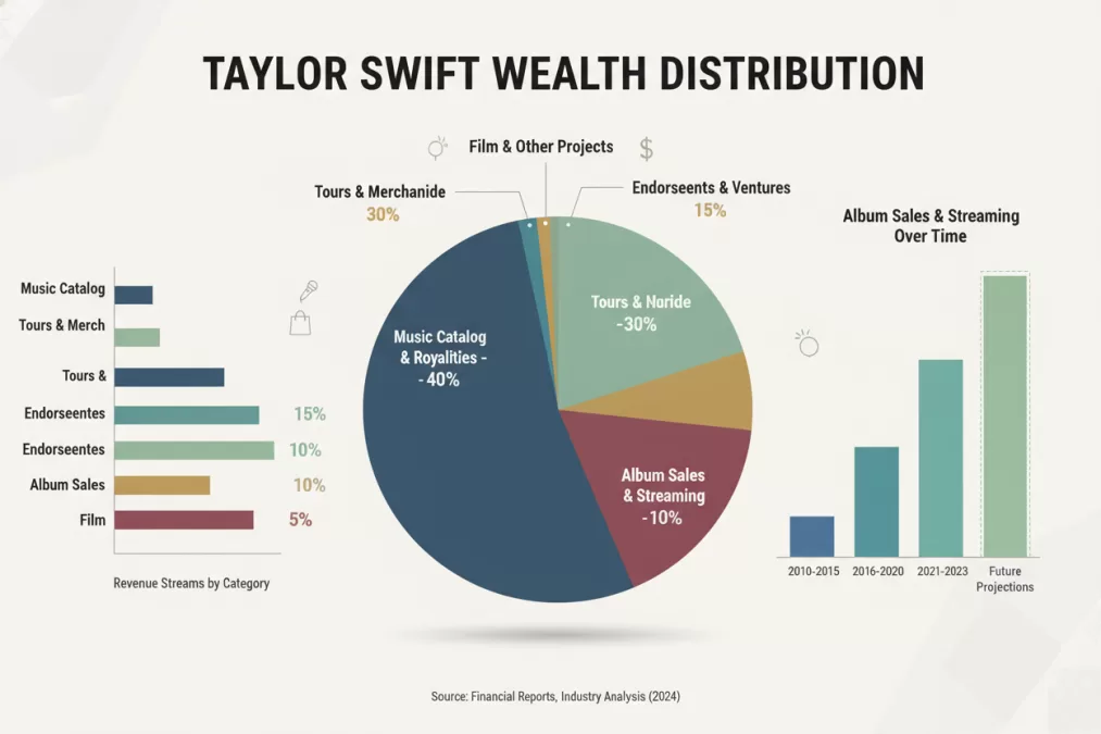 Taylor Swift net worth breakdown infographic showing revenue sources