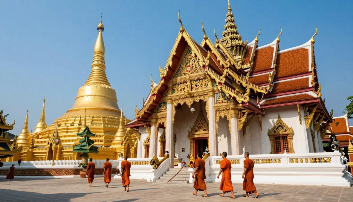 Thailand Buddhist temple with golden architecture showing cultural tourism
