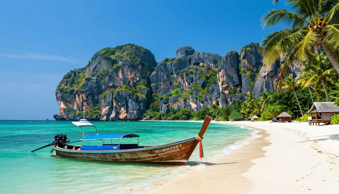 Thailand tropical beach and limestone cliffs showing paradise destination