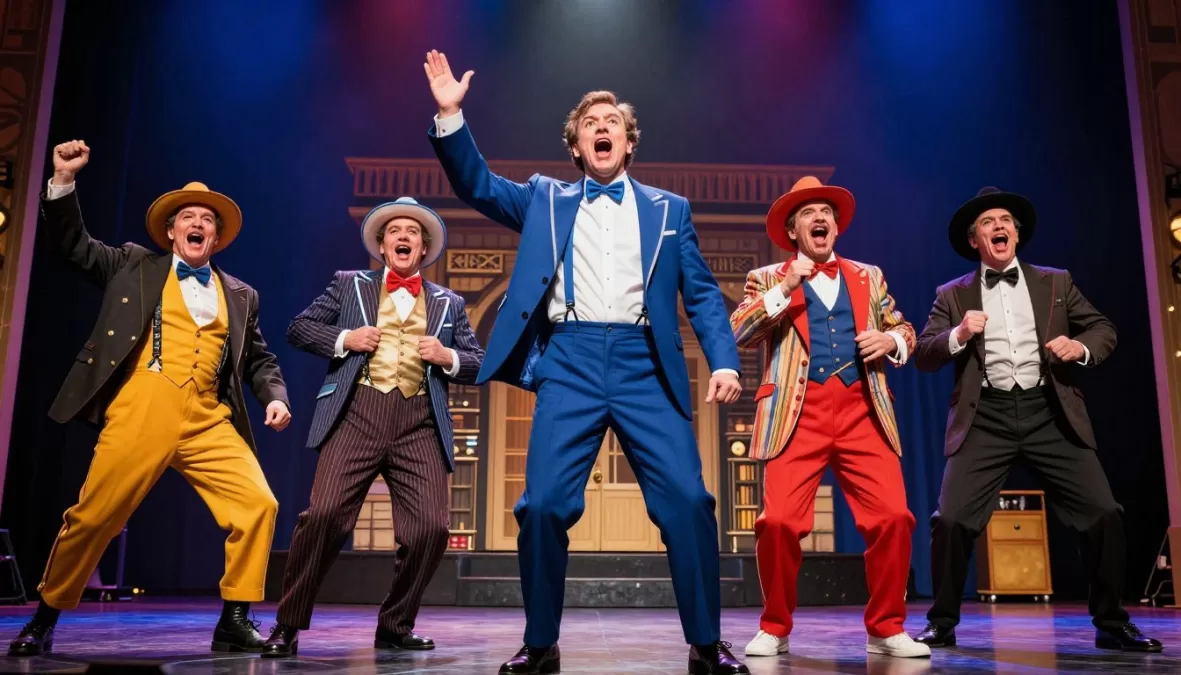 Theatrical comedy scene with over-the-top production number