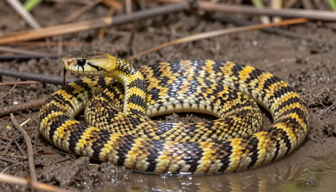 Tiger snake showing distinctive banded pattern in Australian wetland