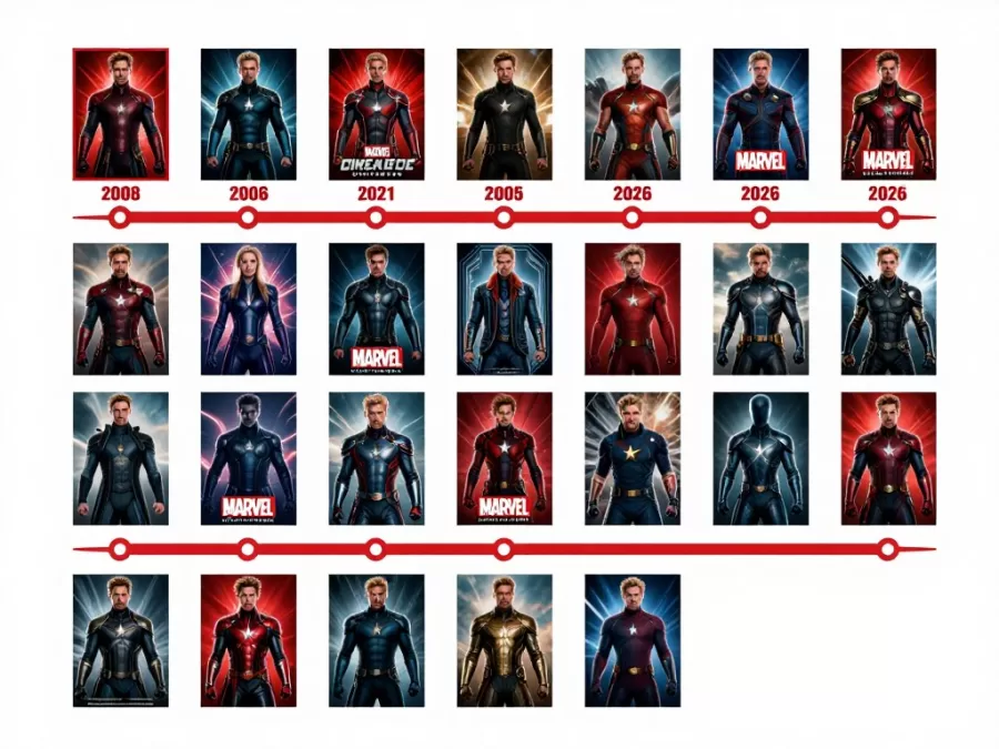 Timeline graphic showing Marvel Cinematic Universe phases and major releases