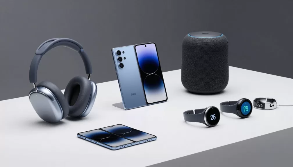 Top Tech Products 2026 collection showcase featuring smartphones, headphones, and smart devices