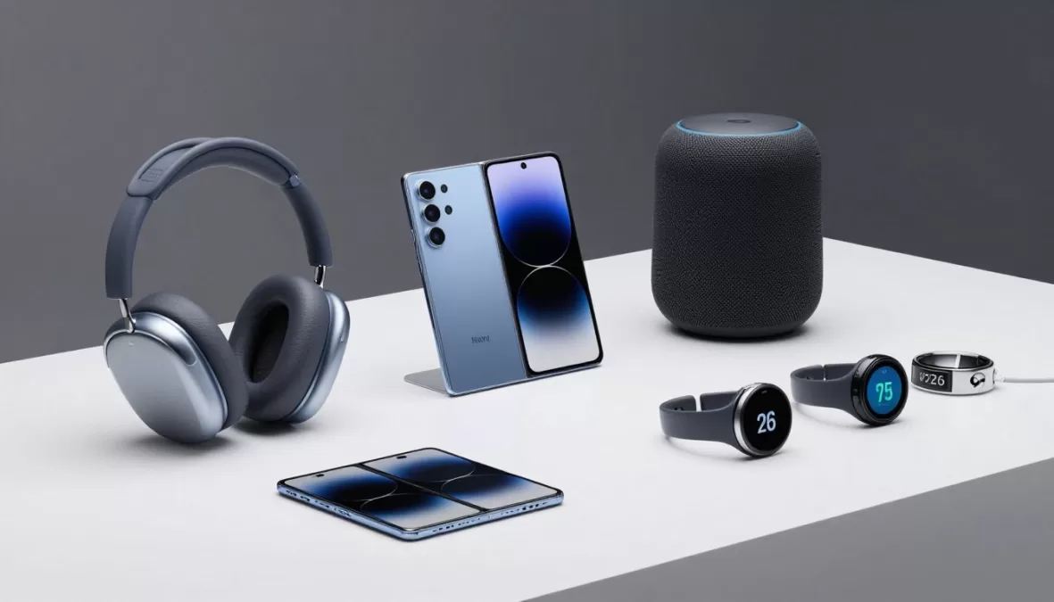 Top Tech Products 2026 collection showcase featuring smartphones, headphones, and smart devices