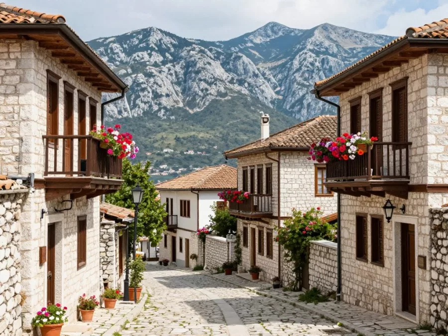 Traditional Albanian coastal village with stone houses
