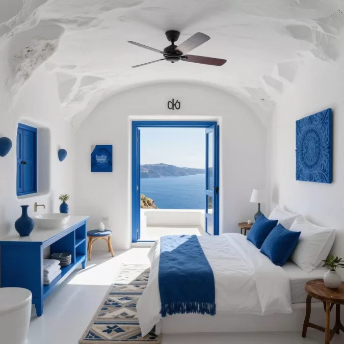 Traditional Santorini cave house interior with caldera view