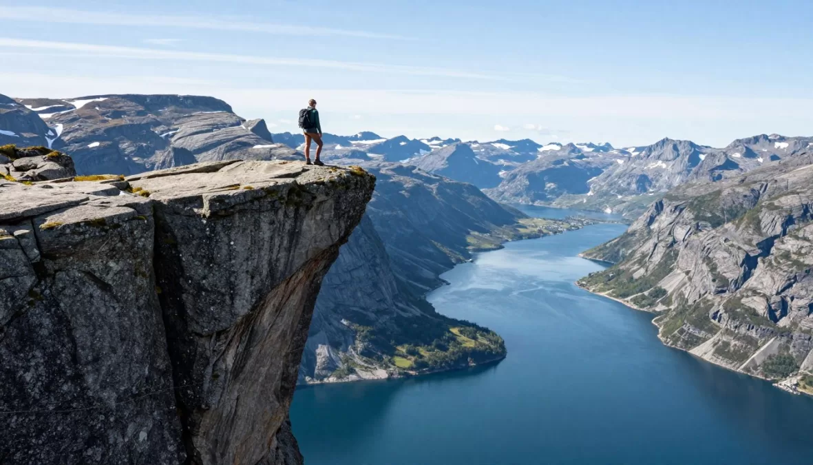 Trolltunga rock formation with hiker and mountain lake view