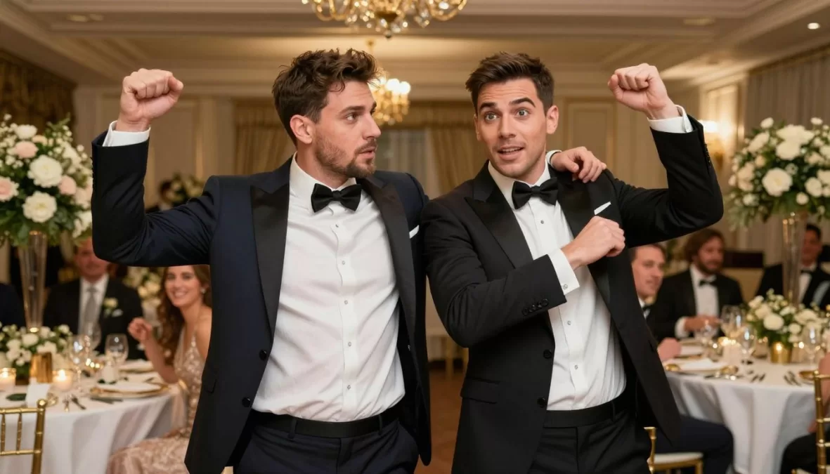 Two friends crashing wedding celebration with champagne and chaos