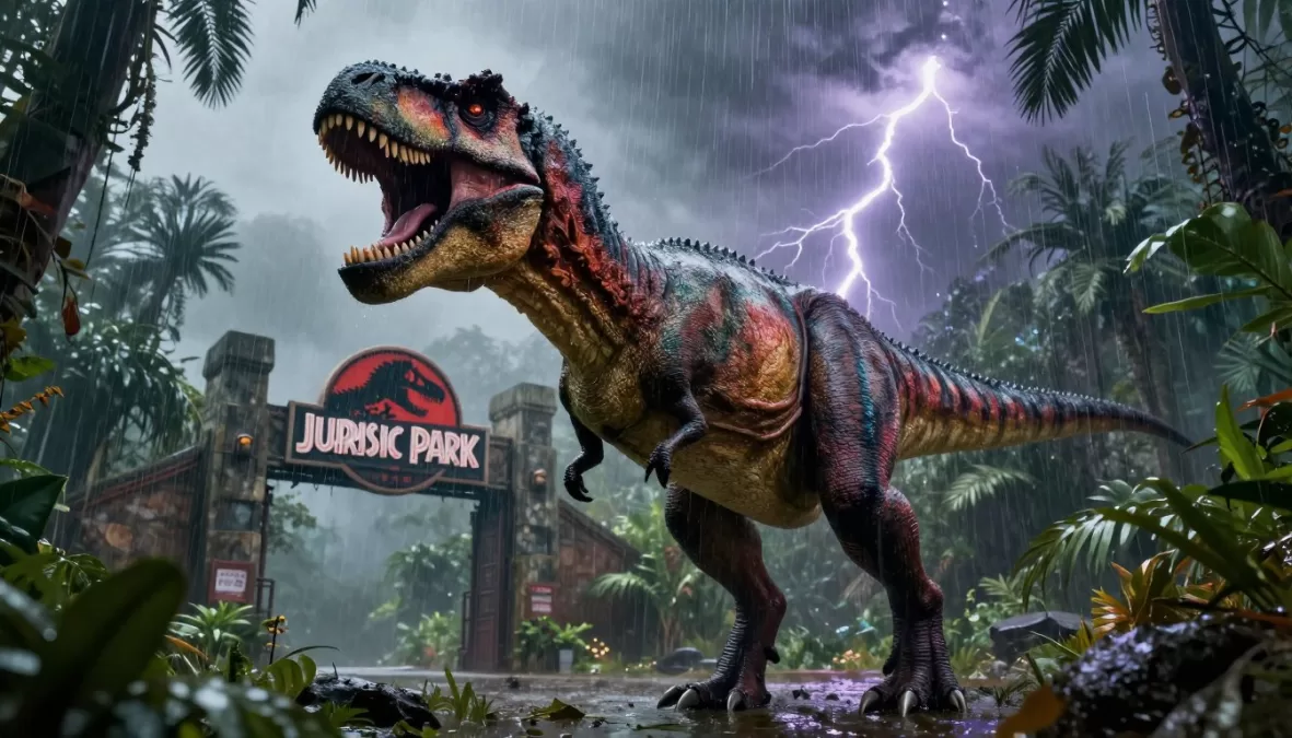Tyrannosaurus Rex roaring with Jurassic Park gate in background