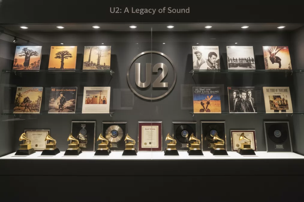 U2 album covers and awards display showing career achievements