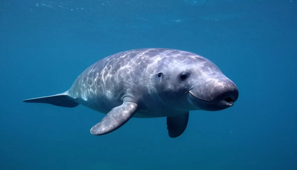 Vaquita porpoise swimming underwater showing distinctive facial markings of rarest marine mammal