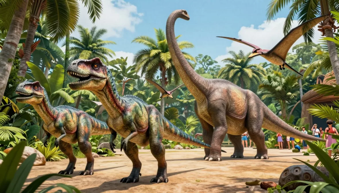 Various dinosaur species in Jurassic World park setting
