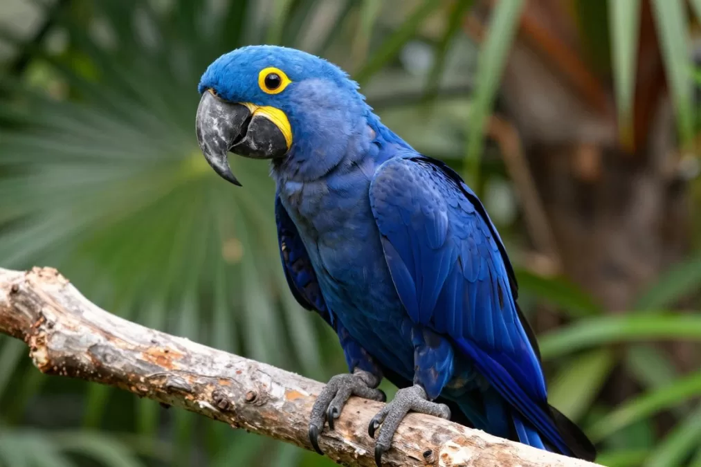 Vibrant cobalt blue Hyacinth Macaw with distinctive yellow eye rings