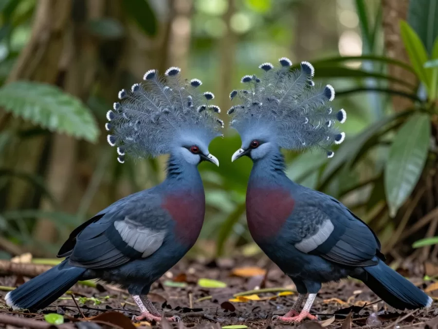 Victoria crowned pigeon pair displaying courtship behavior in forest