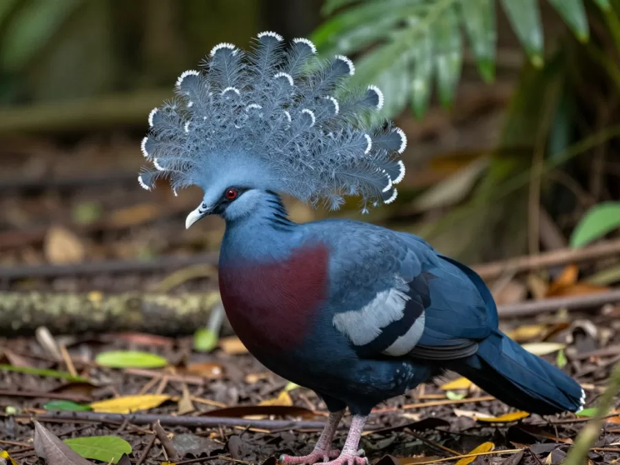Victoria crowned pigeon showing spectacular blue-gray plumage and lacy crown