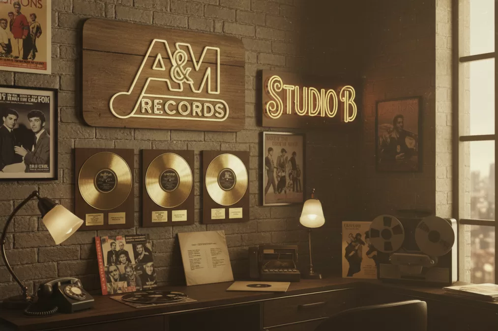 Vintage A&M Records logo and gold albums display