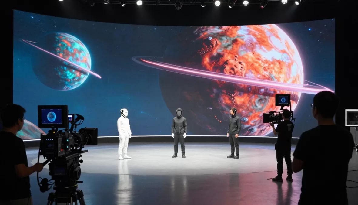 Virtual production stage with LED screens showing sci-fi environment