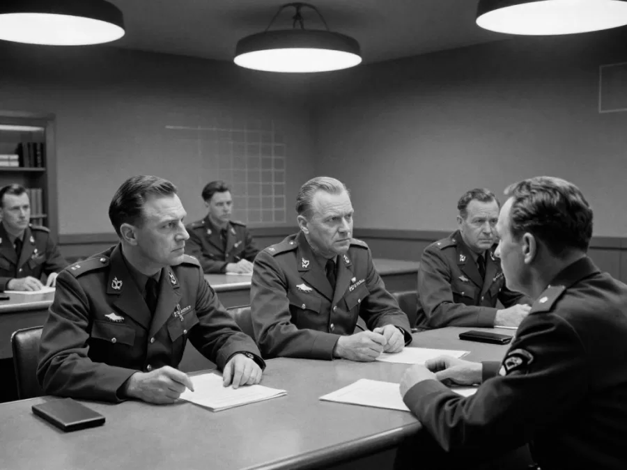 War room satire scene with military officials in black comedy