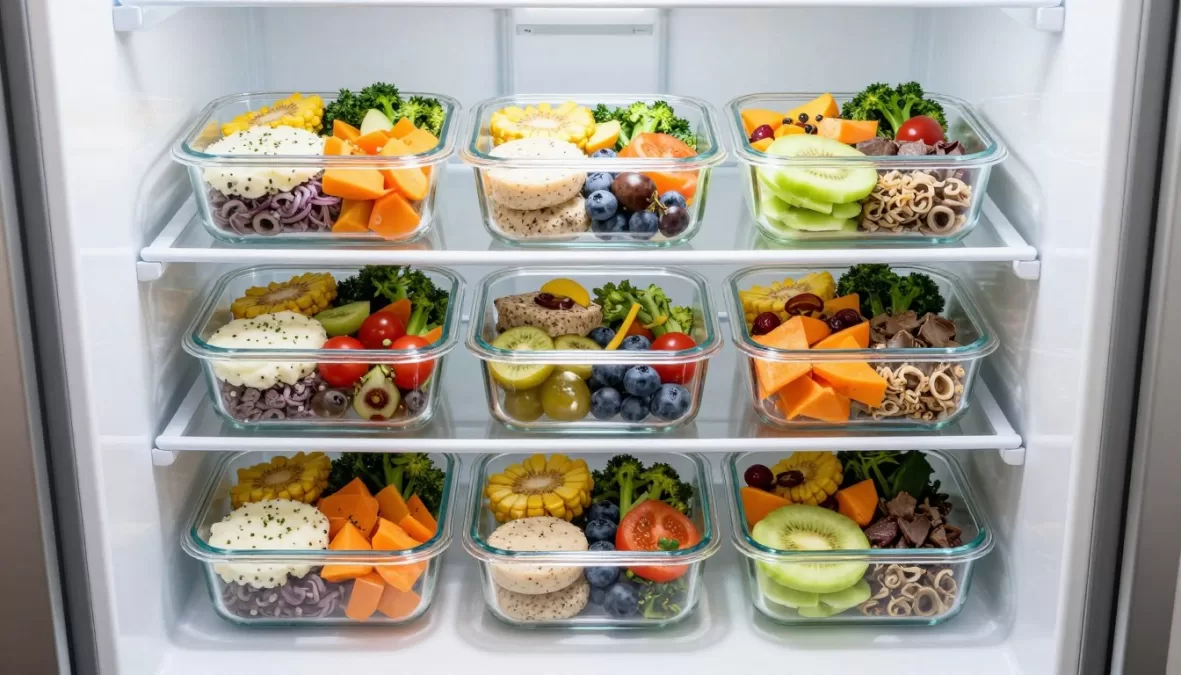 Week of meal prep containers showing superfood-rich meals organized in refrigerator