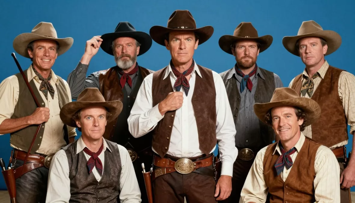 Western parody scene with diverse characters breaking genre conventions