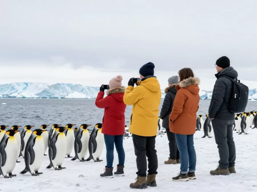 Wildlife tour group photographing penguins in Antarctica