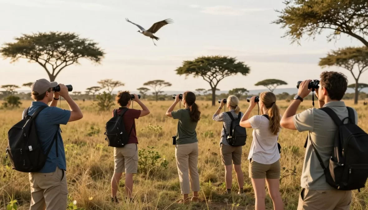 Wildlife tourists observing and photographing large birds in their natural habitat