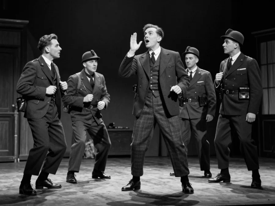 World War II era theatrical troupe in suspenseful comedy scene
