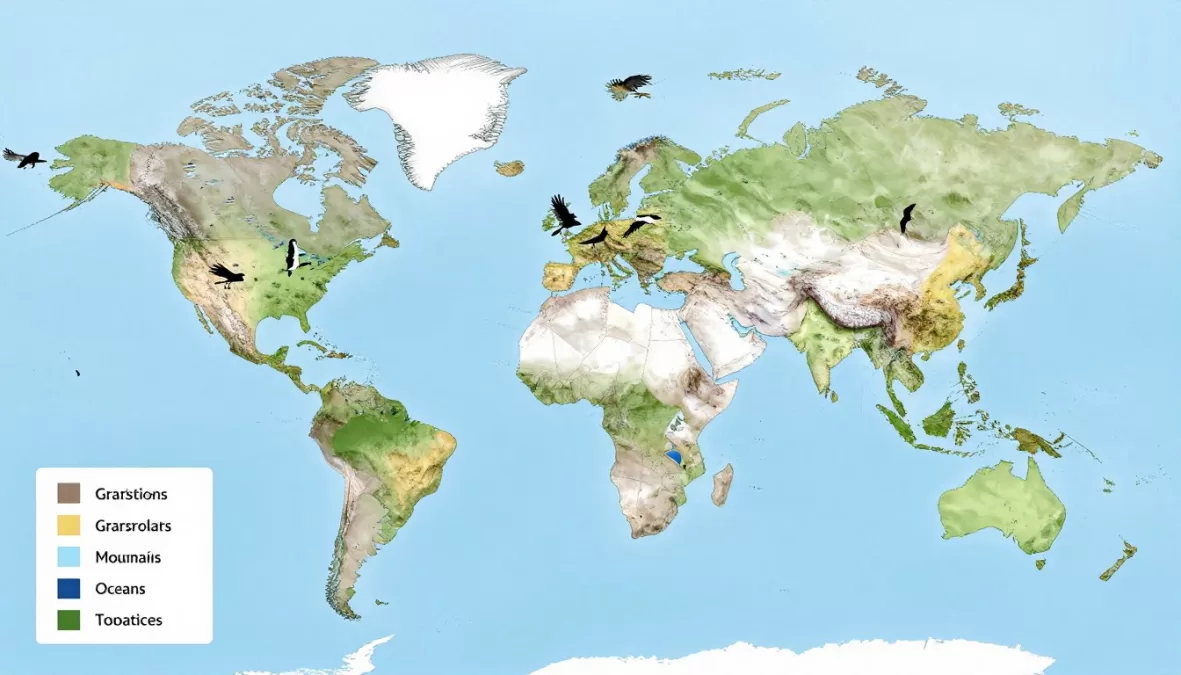 World map showing distribution of largest birds across different continents and habitats