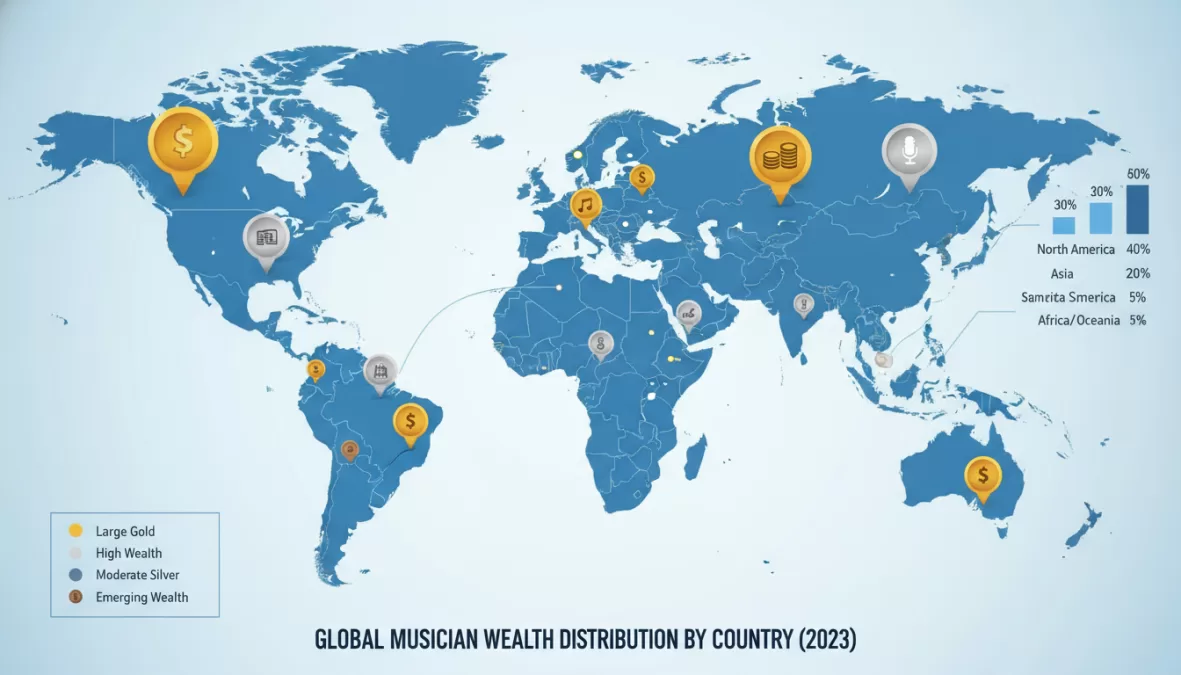 World map showing distribution of richest musicians by country