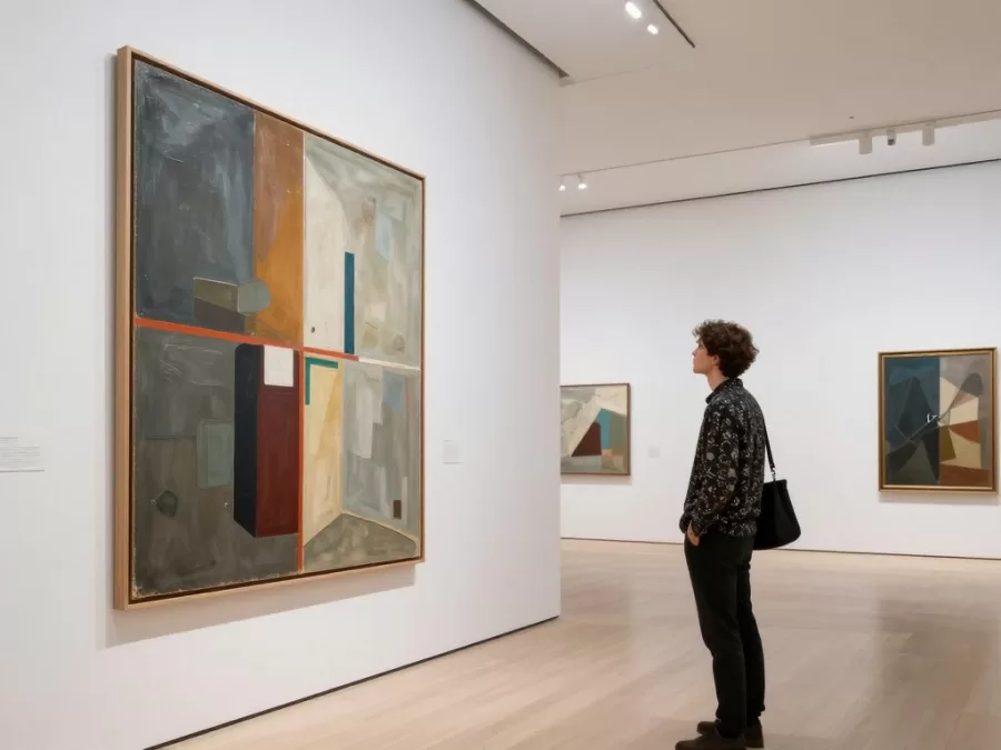 Young art collector examining expensive contemporary artwork
