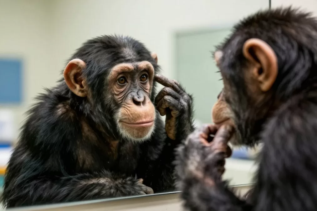 Young chimpanzee examining its reflection in a mirror showing self-awareness