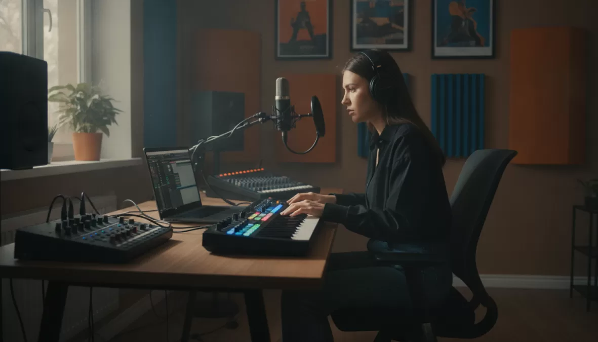 Young musician learning and creating music in home studio